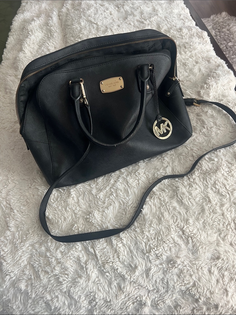 Michael Kors Black Saffiano Satchel with Gold Hardware and MK Charm